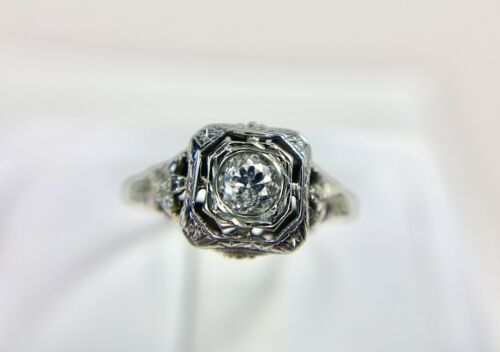 Art Deco 18k White Gold Natural Old European Diamond Engraved Engagement Ring