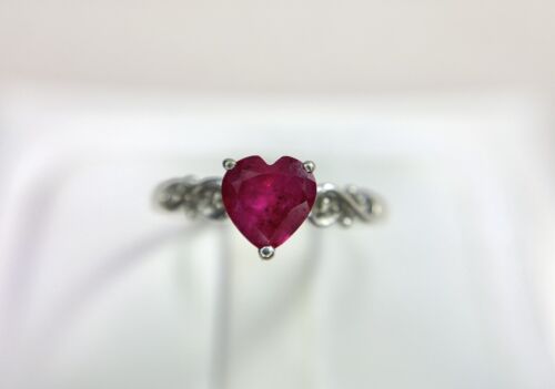 Vintage 10k White Gold Designer Heart Shape Pink Ruby Round Diamond Ring