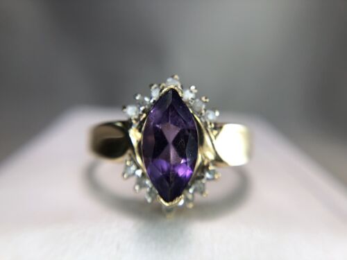 Vintage 10k Yellow Gold Marquise Cut Purple Amethyst Round Diamond Ring