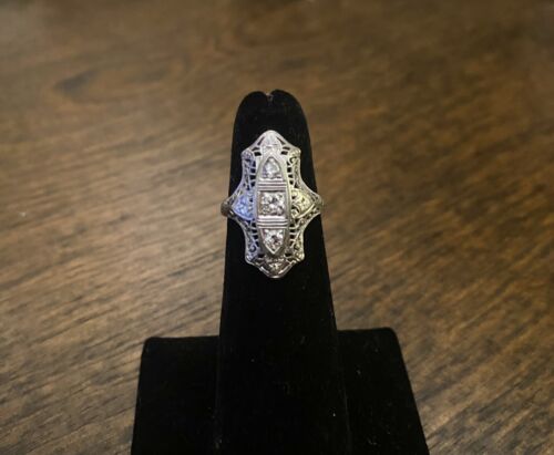 Art Deco 18k White Gold Natural Old European Diamond Shield Cocktail Ring