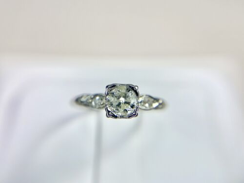 Vintage Art Deco 14k White Gold Natural Round Diamond Classic Engagement Ring