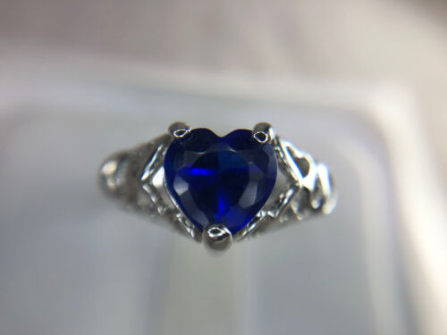 Estate 9k White Gold Heart Shape Synthetic Blue Sapphire Filigree Ring