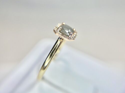 14k Yellow Gold Designer Cushion Cut Rustic Gray Diamond Halo Engagement Ring