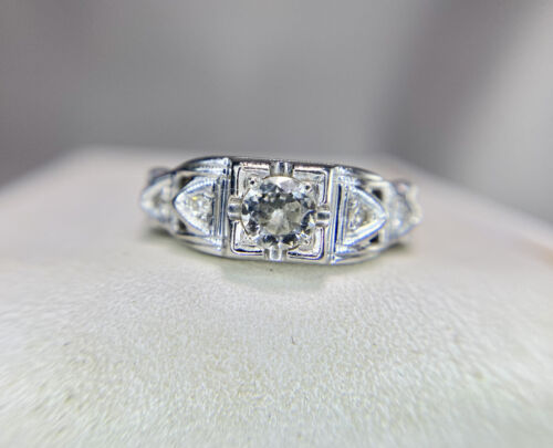 Art Deco 18k Designer Natural Round Old European Diamond Engagement Ring