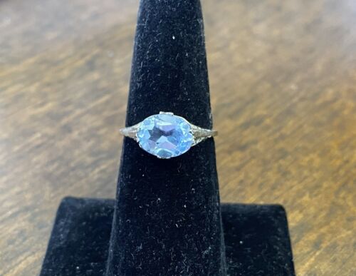 Vintage Art Deco 14k White Gold Oval Shape Blue Topaz Filigree Solitaire Ring