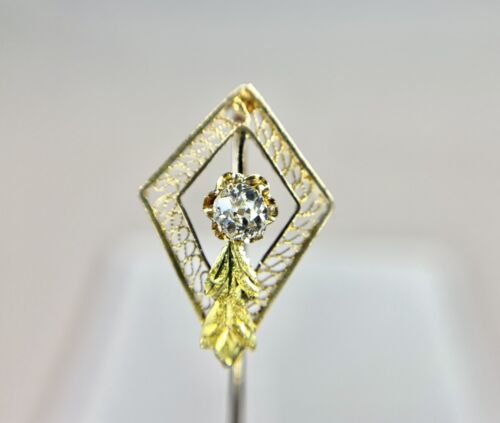 Art Deco 14k Yellow Gold Natural Old European Diamond Filigree Leaf Stick Pin