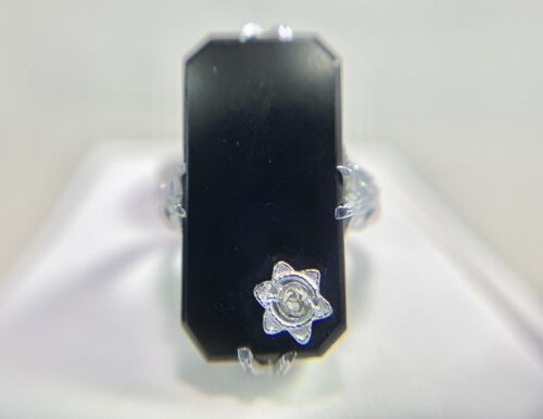 Art Deco 14k White Gold Natural Old European Diamond Black Onyx Filigree Ring