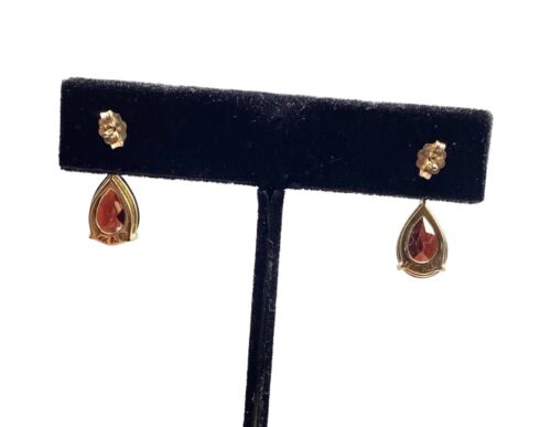 14k Yellow Gold Designer Pear Shape Red Garnet Round Diamond Dangle Earrings