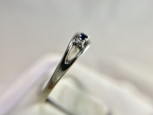 Vintage 10k White Gold Natural Round Blue Sapphire Diamond Three Stone Ring