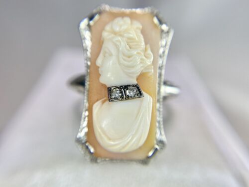 Art Deco 14k White Gold Pink Lady Cameo Round Diamond Filigree Cocktail Ring