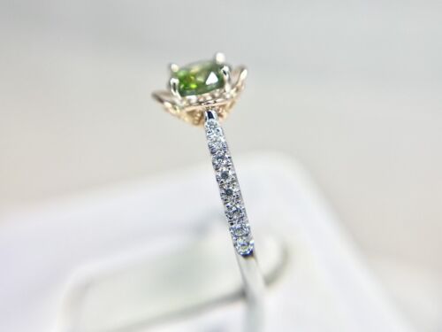 14k White Gold Natural Fancy Green Round Diamond Flower Engagement Ring