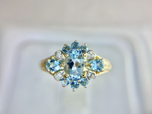 Vintage 14k Yellow Gold Natural Sky Blue Oval Topaz Round Diamond Filigree Ring