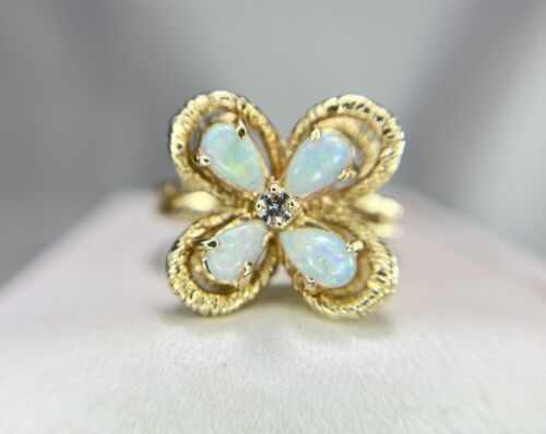 Vintage 14k Yellow Gold Natural Pear Shape Opal Round Diamond Cocktail Ring