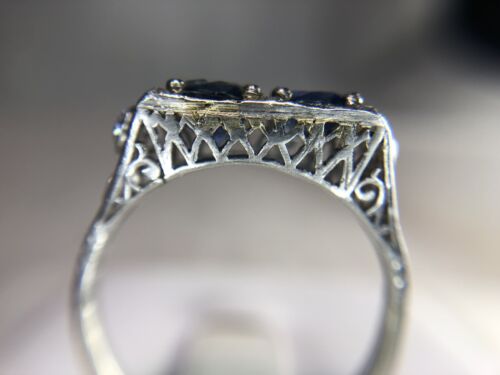 Art Deco Platinum Round Double Blue Sapphire Old European Diamond Filigree Ring