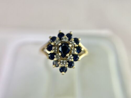 Vintage 14k Yellow Gold Designer Pear Shape Blue Sapphire Diamond Cocktail Ring