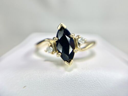 Vintage 10k Yellow Gold Natural Dark Blue Marquise Sapphire Round Diamond Ring