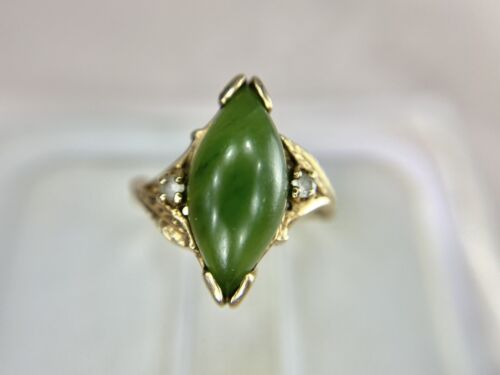 Vintage Designer 10k Yellow Gold Marquise Shape Dark Green Jade Ring