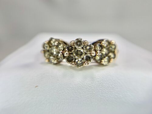 Vintage 10k Rose Gold Natural Fancy Brown Color Round Diamond Three Cluster Ring