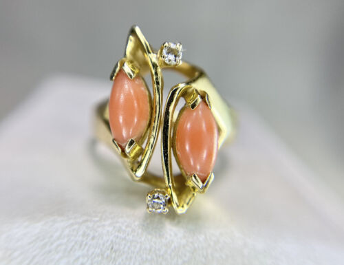 Vintage 14k Yellow Gold Marquise Natural Pink Coral Round Diamond Cocktail Ring