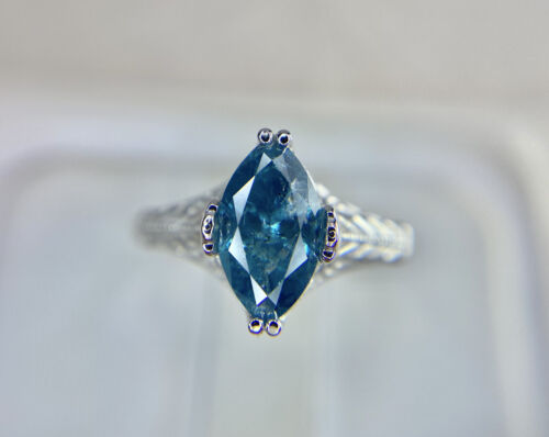 Art Deco 14k White Gold Fancy Blue Color Marquise Diamond Engagement Ring