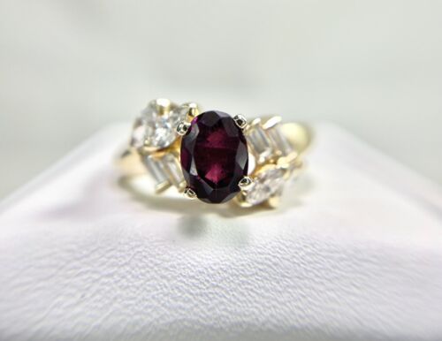 Vintage 14k Yellow Gold Natural Marquise Diamond Oval Garnet Statement Ring