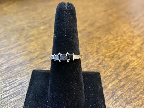 10k White Gold Signed Natural Princess Cut Black Diamond Engagement Ring