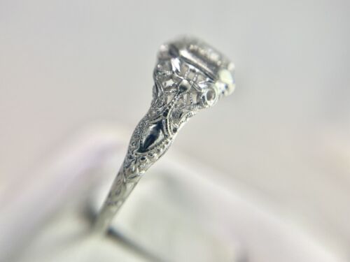 Art Deco 18k White Gold Round Single Cut Diamond Filigree Small Engagement Ring