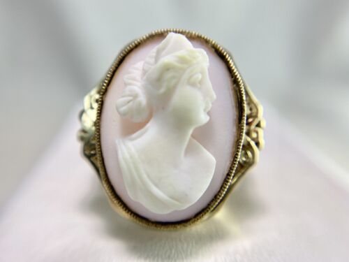 Vintage Art Deco 10k Yellow Gold Oval Light Pink Lady Cameo Big Cocktail Ring