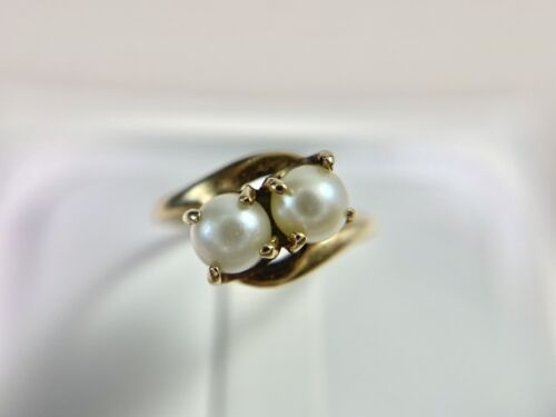 Vintage Signed Designer 10k Yellow Gold Round White Cultured Double Pearl Ring