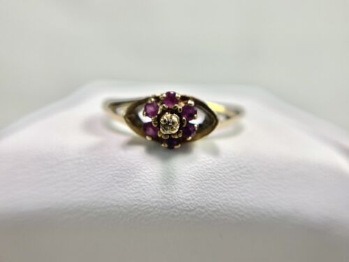 Vintage Art Deco Designer 10k Yellow Gold round Red Ruby Flower Diamond Ring