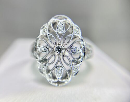 Vintage 14k White Gold Natural Round Diamond Filigree Small Cocktail Ring