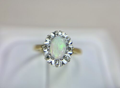 Vintage 18k Yellow Gold Natural Oval Opal Round Single Cut Diamond Halo Ring