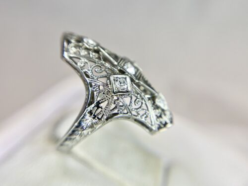 Art Deco 18k White Gold Natural Round Diamond Filigree Shield Cocktail Ring