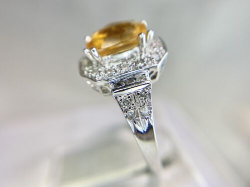 Vintage 14k White Gold Emerald Cut Orange Citrine Round Diamond Cocktail Ring