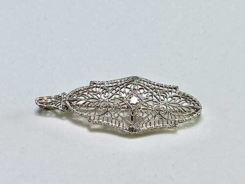 Vintage Art Deco 14k White Gold Old European Diamond Filigree Pin Pendant