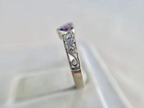 Vintage 10k White Gold Round Purple Amethyst Diamond Heart Shape Filigree Ring