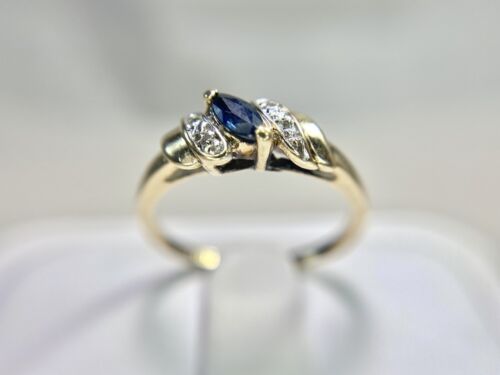 Vintage 10k Yellow Gold Signed Natural Marquise Blue Sapphire Round Diamond Ring