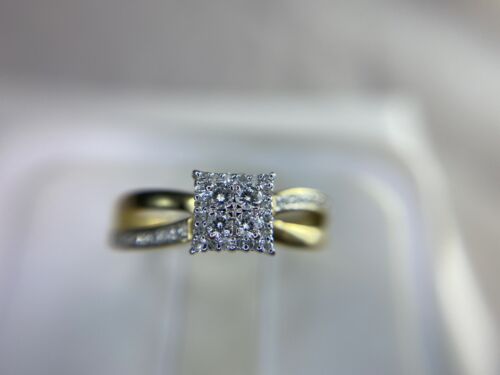 10k Yellow Gold Round Brilliant Diamond Square Cluster Halo Engagement Ring