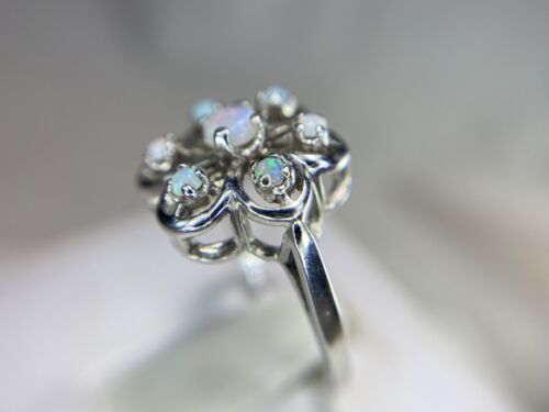 Vintage 14k White Gold Round White Opal Flower Shape Cocktail Ring