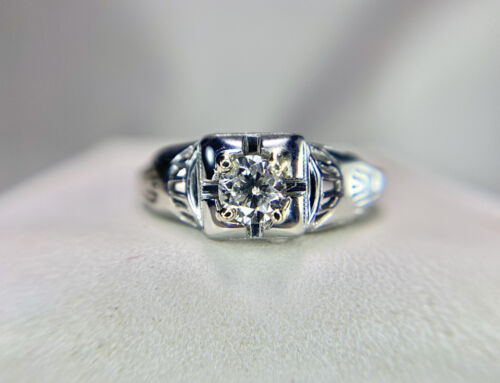 Vintage Art Deco 18k White Gold Natural Round Diamond Filigree Engagement Ring