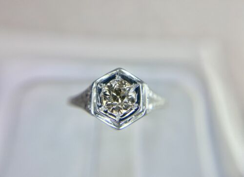 Art Deco 18k White Gold Old European Natural Diamond Filigree Engagement Ring