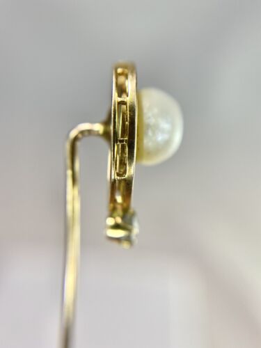 Art Deco 14k Yellow Gold Round White Pearl Old European Diamond Stick Pin