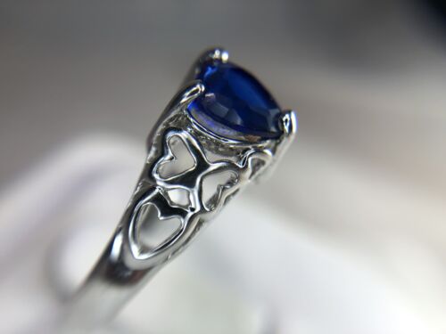 Estate 9k White Gold Heart Shape Synthetic Blue Sapphire Filigree Ring