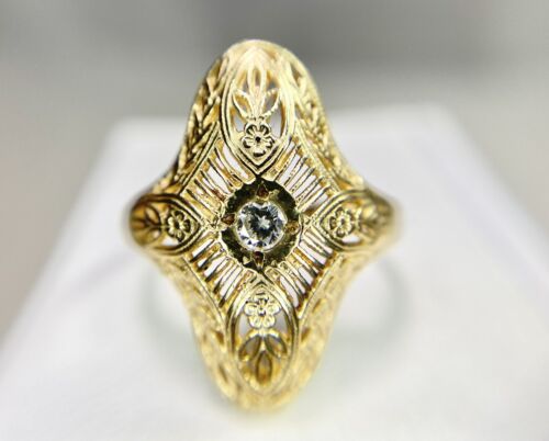 Vintage Art Deco 14k Yellow Gold Round Diamond Filigree Shield Ring