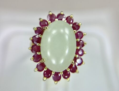 Vintage 14k Yellow Gold Natural Oval Shape Green Jade Round Ruby Cocktail Ring