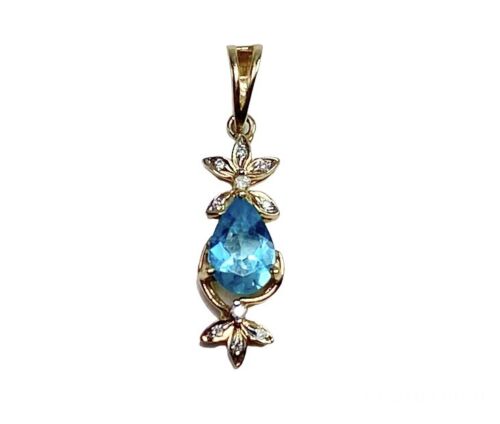 Vintage 10k Yellow Gold Pear Shape Blue Topaz Natural Round Diamond Pendant