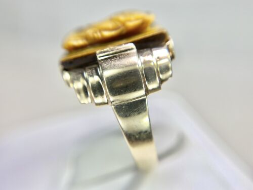 Vintage 10k Yellow Gold Intaglio Tiger eye Gemstone Cameo Big Cocktail Ring