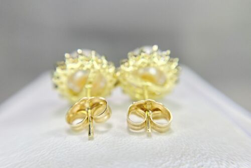 Vintage 14k Yellow Gold White Round Pearl Halo Natural Diamond Stud Earrings