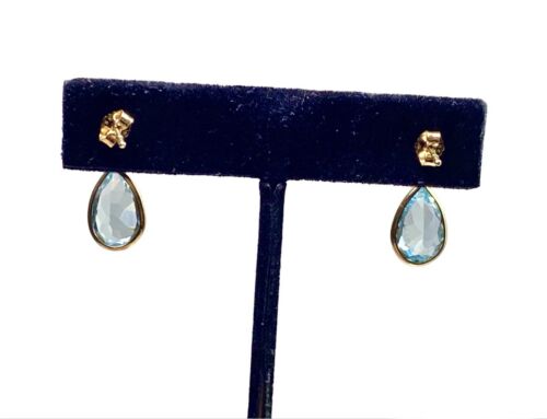 Vintage 18k Yellow Gold Natural Pear Shape Blue Topaz Bezel Set Dangle Earrings