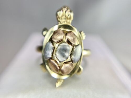 Vintage 14k Yellow Rose White Gold Hand Crafted Turtle Big Cocktail Ring